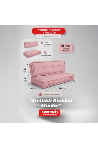 Xpermate Bisküvi Yer Minderi 60x120 Kalın Palet Balkon Petek Önü Fermuarlı Minder Pembe