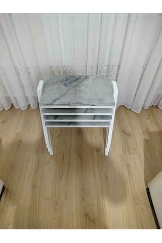 Zigon Sehpa 4'lü Mermer Desenli Tepsi Model Buz Mermer Desen Beyaz Ayak Buz Gri Mermer Desenli