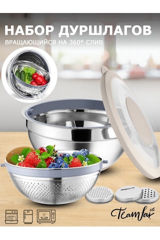 Teamfar Paslanmaz Çelikle Mutfak İçin Süzgeçli Ve Rendeli Kase Seti 303772980