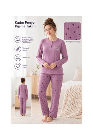 Boyraz Lindros Kadın Düğme Yaka Raporlu İnterlok Kışlık Pijama Takımı 02787 - 1 Adet Mor