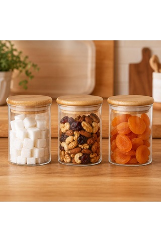 3'lü 300 Ml Bambu Kapaklı Cam Kavanoz Seti, Silikon Contalı Şeffaf Baharatlık Ve Saklama Kabı, Çay Kahve Şeker Baharat Kuruyemiş Kavanozu Çok Renkli