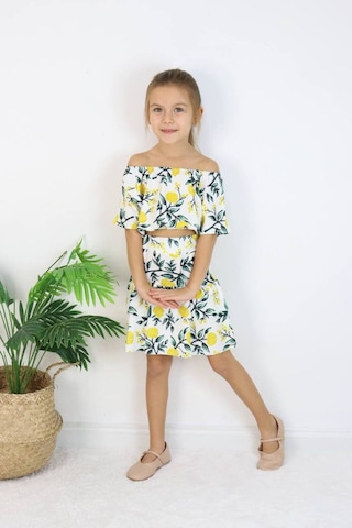 Carmen Yaka Madonna Desenli Etekli Takım - Bahar Esintisi Limon Bahçesi Etekli Takım Çok Renkli