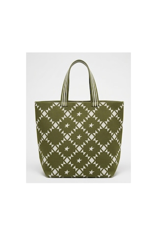 Qoolest Kadın Geometrik Desenli Büyük Boy Shopper Omuz Çantası Çizgili Saplı Tote Çanta Yeşil