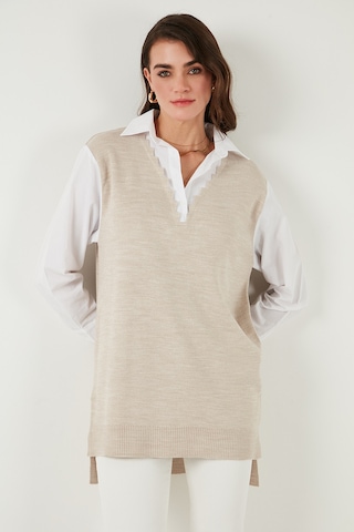 Lela Modest Standart Fit Gömlek Yaka Tesettür Triko Bayan Tunik 4612148 Bej