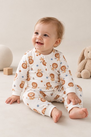 Luppinos Soft Dream Geniş Kalıp %100 Pamuk Aslan Baskılı Çıtçıtlı Tulum Beyaz