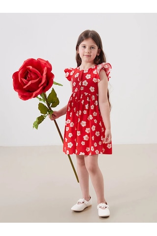 Lcw Kids Bisiklet Yaka Kız Çocuk Poplin Elbise Kırmızı Baskılı