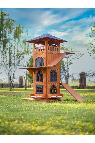 Mandu Ahşap 4 Katlı Teraslı Kedi Evi Tırmalama + Mama Kaplı
