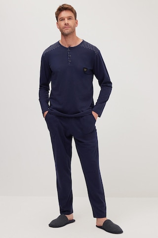 Tudors Erkek Standart Fit Normal Kesim %100 Pamuk Bisiklet Yaka Beli Lastikli Lacivert Pijama Takımı-37946 Lacivert