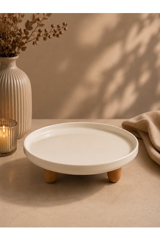 Ahşap Top Ayaklı Porselen Sunumluk İkramlık Kase Sunum Tabağı Organizer Düzenleyici Tabak 10 20cm Beyaz