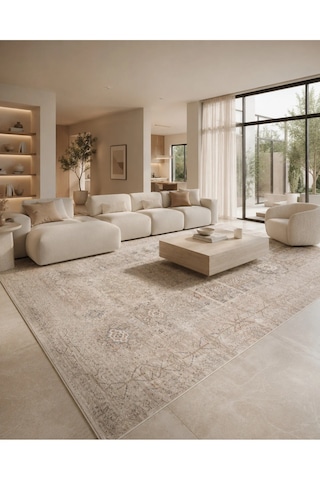 Sahra Collection Modern Vintage Desenli Eskitme Dokuma Yumuşak Salon Halısı Bej - Kiremit