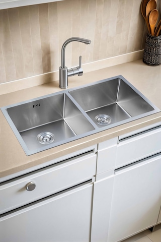 Han Serisi %100 Krom 82x45 İki Göz Paslanmaz Mutfak Eviyesi, Mutfak Lavabosu Sifon Dahil Silver
