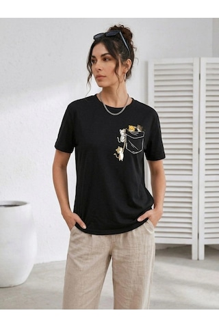 Wear Vexel Kadın Sevimli Kedi Cep Baskılı Tişört Kısa Kol Yazlık T-shirt - Siyah Siyah
