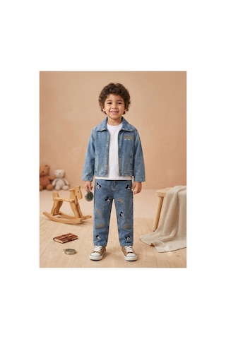 Uğur Bebe 3 Parça Erkek Çocuk Çizgi Film Karakterli Kot Takım Kot Ceket Kot Pantolon Beyaz Sweatshirt Şık Jean Kombin Günlük Spor Giyim Takımı Mickey Mouse Mavi Mavi