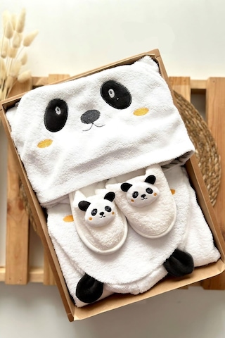 Panda Desenli Bebek Bornoz Seti Beyaz - Siyah