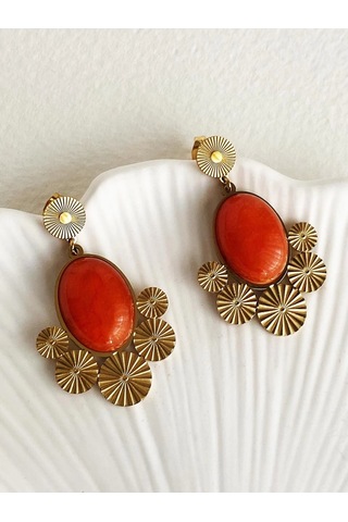 Turuncu Taşlı Vintage Çelik Küpe Çok Renkli