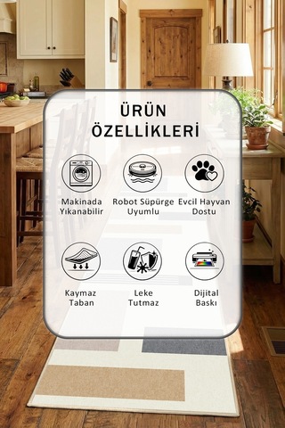 Bej Yıkanabilir Mutfak Halısı