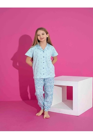 Kız Çocuk Önden Düğmeli Kalp Desenli Mavi Pijama Takımı-1265 Mavi