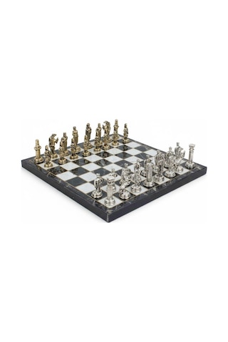 Lüks Metal Satranç Takımı Krom Kaplama Osmanlı Vs Bizans Orduları Siyah Mermer Desenli Tahta 20 Cm