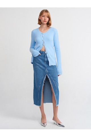 Dilvin Yırtmacı Püsküllü Uzun Etek Mavi