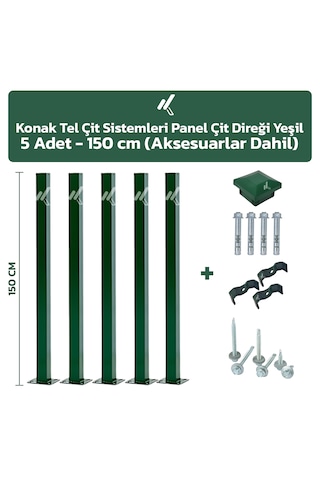 5 Adet Panel Çit Direği 150 CM Yeşil + Aksesuarlar