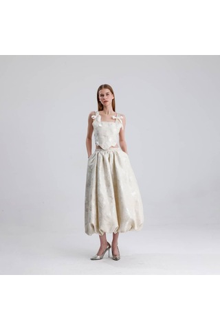 L'aura Corset Luna Brokar Balon Midi Etek Krem