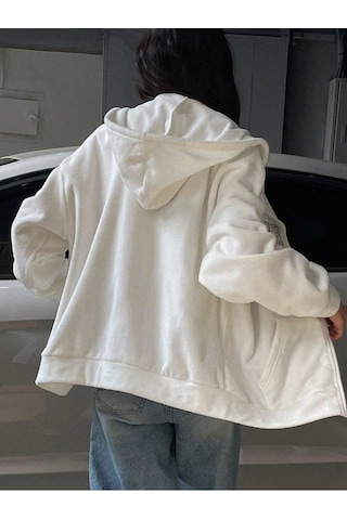 Relax&Basic Ünisex Basic Slim Fit Kapüşonlu Fermuarlı Cepli Sweatshirt Bej Bej Beyaz