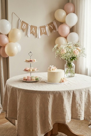 Naturel Keten Masa Örtüsü - Nişan, Baby Shower, Doğum Günü Özel Gün Organizasyon Vintage Örtü Bej