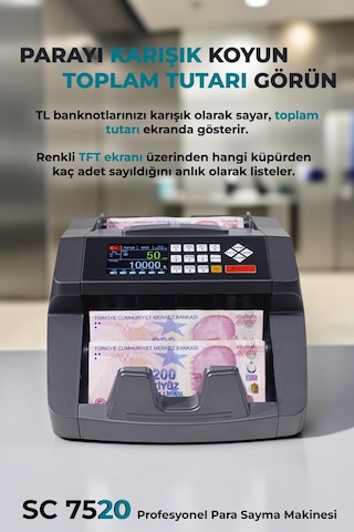 SC7520 Karışık Para Sayma Makinesi, TL Karışık, Usd ve Euro Adet Sayım + Müşteri Ekranı