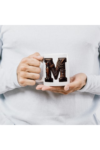 M Harfi Kovboy Temalı Bardak 330 Ml İsim / Harf Kişiye Özel Hediye - Vahşi Batı Konsept Beyaz