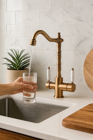 Rena Design Rustik Mat Gold Aritmali 3 Yollu Mutfak Evye Batarya Prinçlüks Musluk Garanti Porselen Kol Armatür