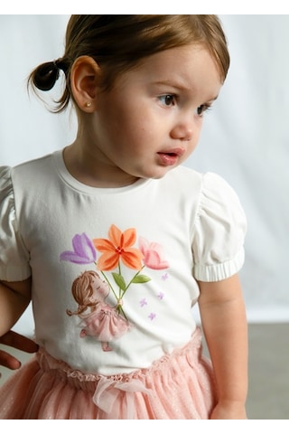 Mayoral Kız Bebek İşlemeli Balon Kol T-shirt Krem - 01078 Pembe