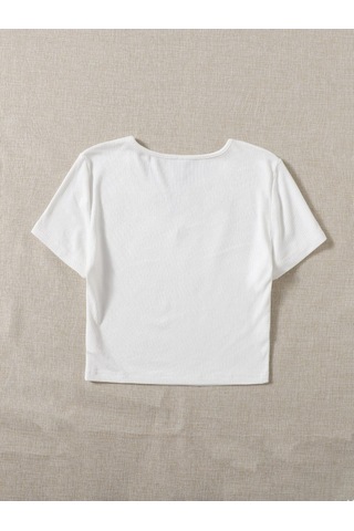 V Yaka Beyaz Renk Fitilli Kısa Kollu Regular Crop Top Bluz
