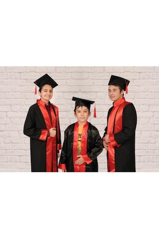 İşel Tekstil Unisex Siyah Kırmızı Lise Mezuniyet Kıyafeti Siyah Kırmızı