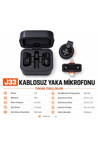J33 Kablosuz Yaka Mikrofonu 30 Metre Menzil Kablosuz İletim 24 Saat Pil Çift Mikrofon Yapay Zeka Destekli Gürültü Engelleme 360 Derece Ses Algılama Tyep-c Ve Lightning Uyumlu-vlog-canlı Yayın-röportaj