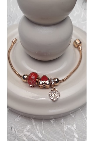 Uzel Xuping Gold Altın Renk Kırmızı Kap, Kırmızı Boncuklu, Taşlı Kalp Charmlı Çelik Bileklik Kırmızı