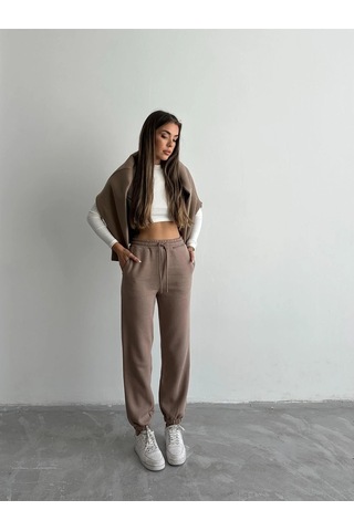 3 İplik Şardonlu Paça Lastikli Eşofman Vizon İs001 Vizon