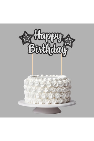 Siyah Gümüş Yıldız Temalı Happy Birthday Kaligrafi Pasta Üstü Süs Tüm Yaşlar