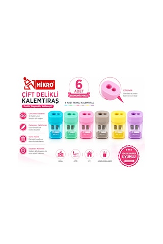 Mikro Çift Delikli Kalemtıraş 6 Adet Hazneli Standart Ve Jumbo Kalem Uyumlu Mk-1011