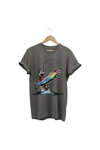 Olta İle Balıkçılık Fishing Balık Avcılığı Alabalık Turna Avcılığı Regular Fit %100 Pamuk Tişört Antrasit
