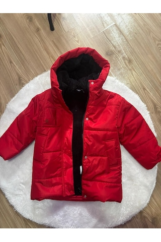 Cg Kids Kırmızı Yandan Cepli Fermuar Çıtçıt İçi Kürklü Şapkalı Unisex Mont Kırmızı