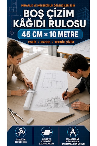 Haydi Dekor 45 Cm 10 Metre Boş Çizim Kâğıdı Rulosu Mimarlık Ve Mühendislik Öğrencileri Için Teknik Çizim, Eskiz, Proje, Tasarım Kağıdı
