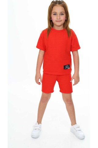 Bisiklet Yaka Şortlu Kız Çocuk Şortlu Takım Neon Turuncu