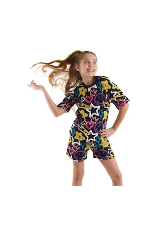 Denokids Mushi Street Style Kız Çocuk T-shirt Şort Takım Çok Renkli
