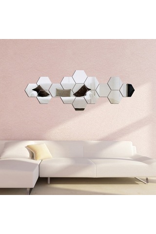 Mufunye 12 Adet Silver Akrilik Hexagon Yansıta Duvar Sticker - Dıy Ev Dekorasyonu, Çocuk Odası/yatak Odası/banyo Uygun, Kolay Kurulum, 20x17x10cm Gümüş