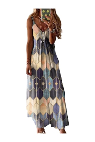 Gökyüzü Mavisi Kadın Etek Yaz Gündelik Baskı Yular Tank Elbise Uzun Elbise