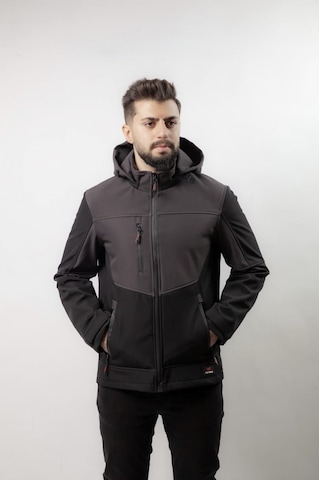 Vatan Tekstil Erkek Softshell Kışlık Kapüşonlu Mont Rüzgar Geçirmez Su İtici İçi Polarlı Kırmızı Siyah Siyah Füme