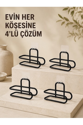 Delmeden Monte Tuvalet Kağıdı Askısı Siyah Metal Yapışkanlı Banyo Kağıtlığı 4 Lü Set Çok Renkli