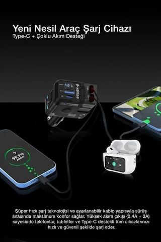 66w Araç Hızlı Şarj Cihazı Usb-c & İos Uyumlu Geri Çekilebilir Kablo Dijital Ekran 66w Black
