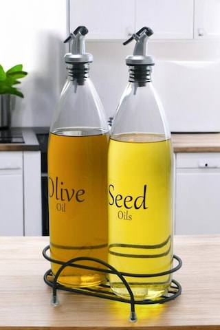 Digithome Aura 2'li Siyah Metal Standlı Yağdanlık Seti Şeffaf Etiketli Cam Yağlık 1000 Ml Cys-17 Siyah