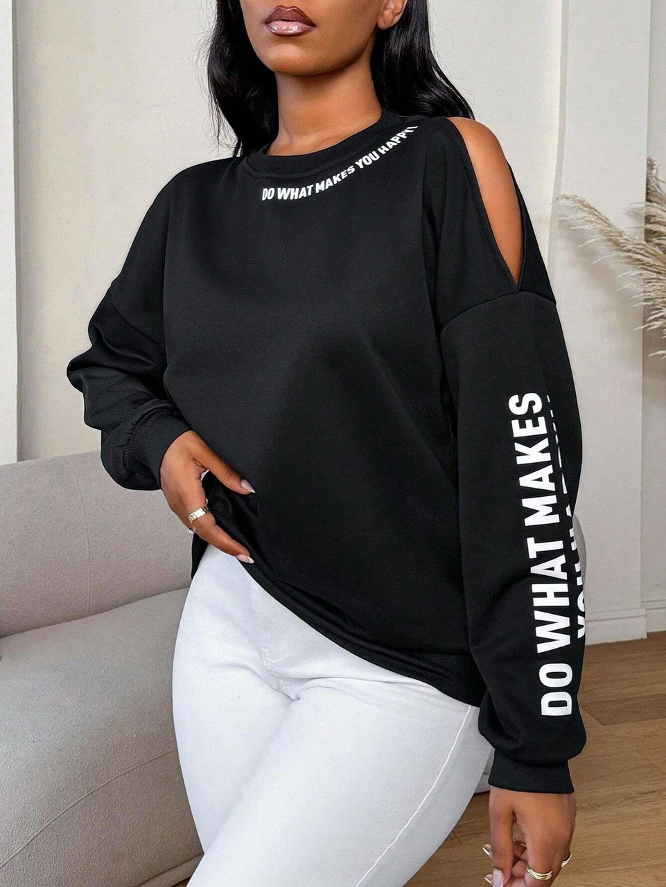 Premium 3 İplik Kumaş Siyah Sweatshirt Oversize Rahat Kalıp Siyah Minimal Baskılı Siyah